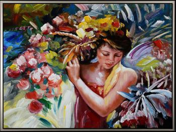 Harvesting Flowers - Portraits Handgemaltes Ölgemälde mit silbernem Rahmen