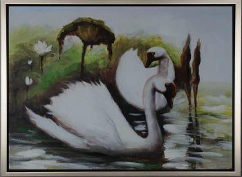 Swans in Lake - Tiere Handgemaltes Ölgemälde mit silbernem Rahmen