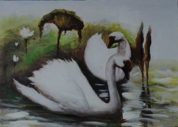 Swans in Lake - Tiere Handgemaltes Ölgemälde ohne Rahmen