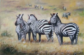 Zebras in Safari - Tiere Handgemaltes Ölgemälde ohne Rahmen