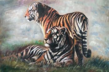 Magnificent Tigers - Tiere Handgemaltes Ölgemälde ohne Rahmen