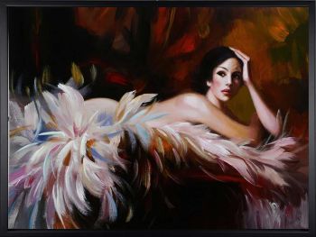 Lady in Feathers - Portraits Handgemaltes Ölgemälde mit schwarzem Rahmen
